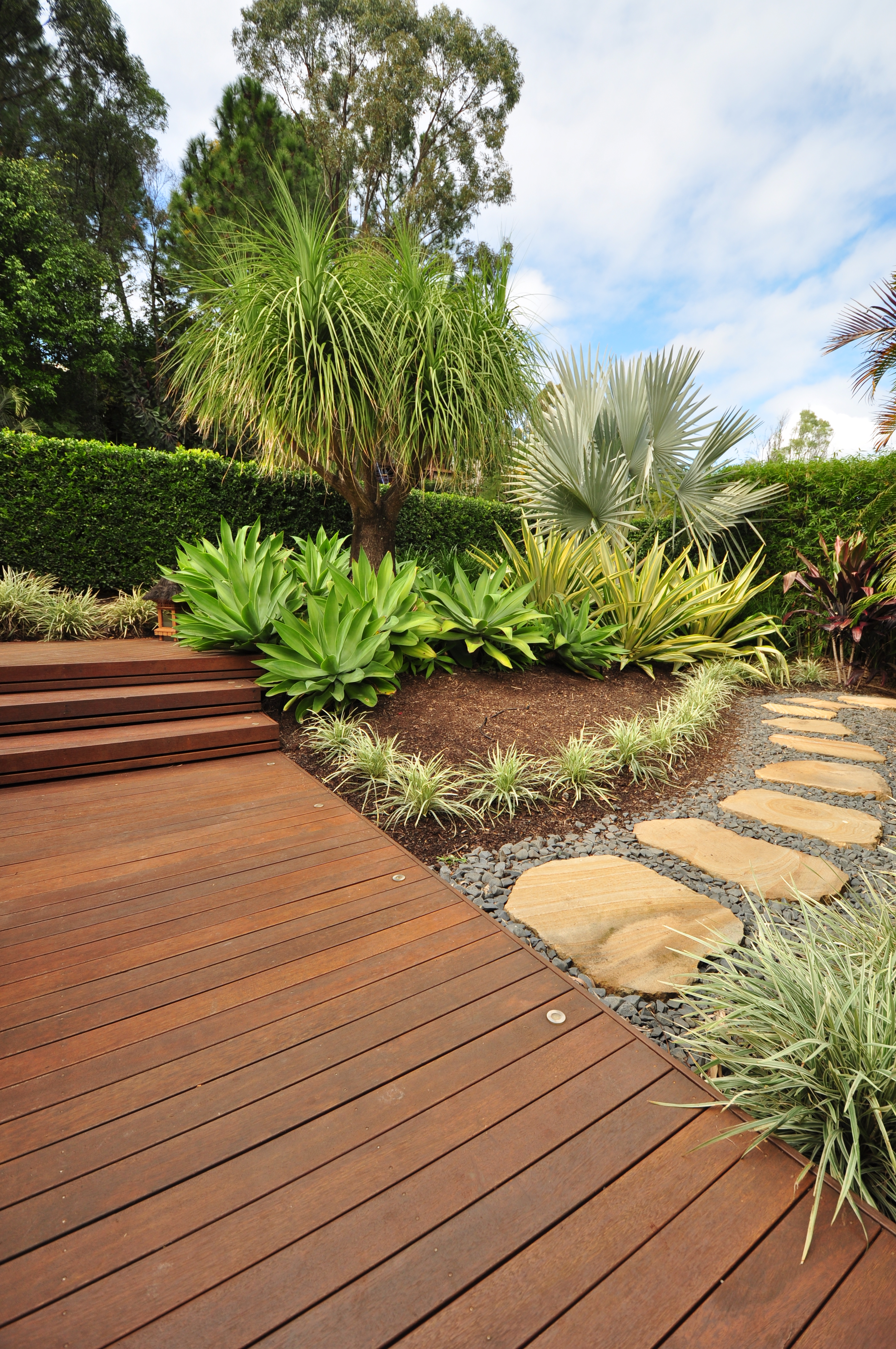 Merbau hardwood timber & random sandstone steppers